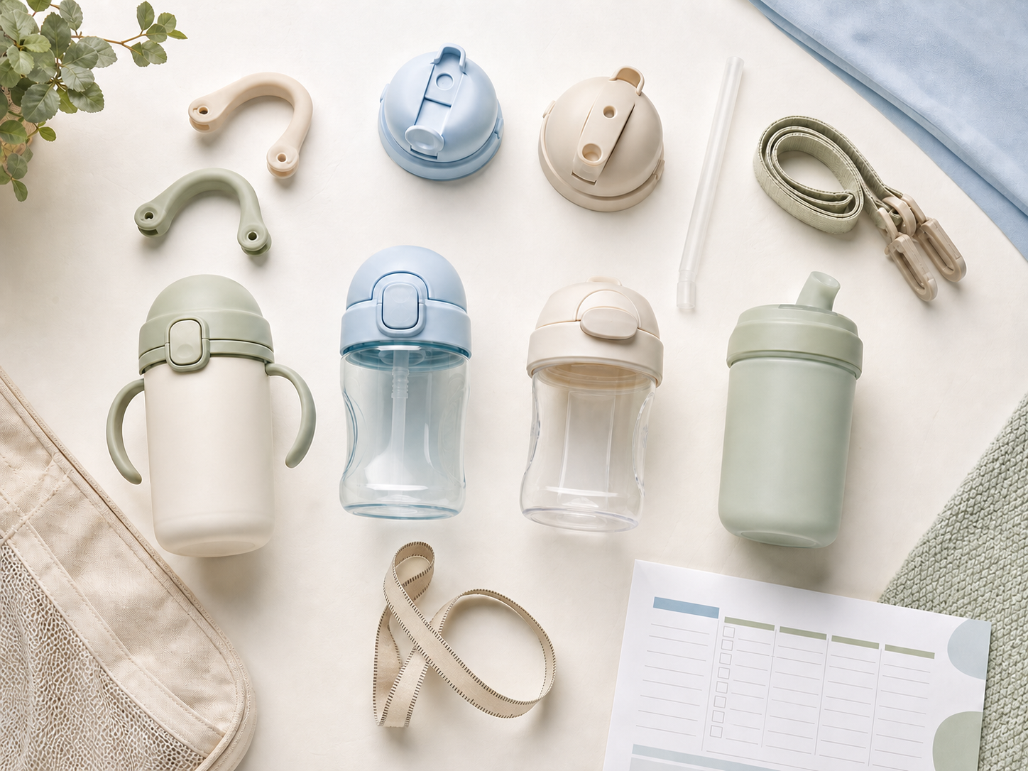 Baby water cup options arranged with handles, lids, straws, a carry strap, and a fit worksheet