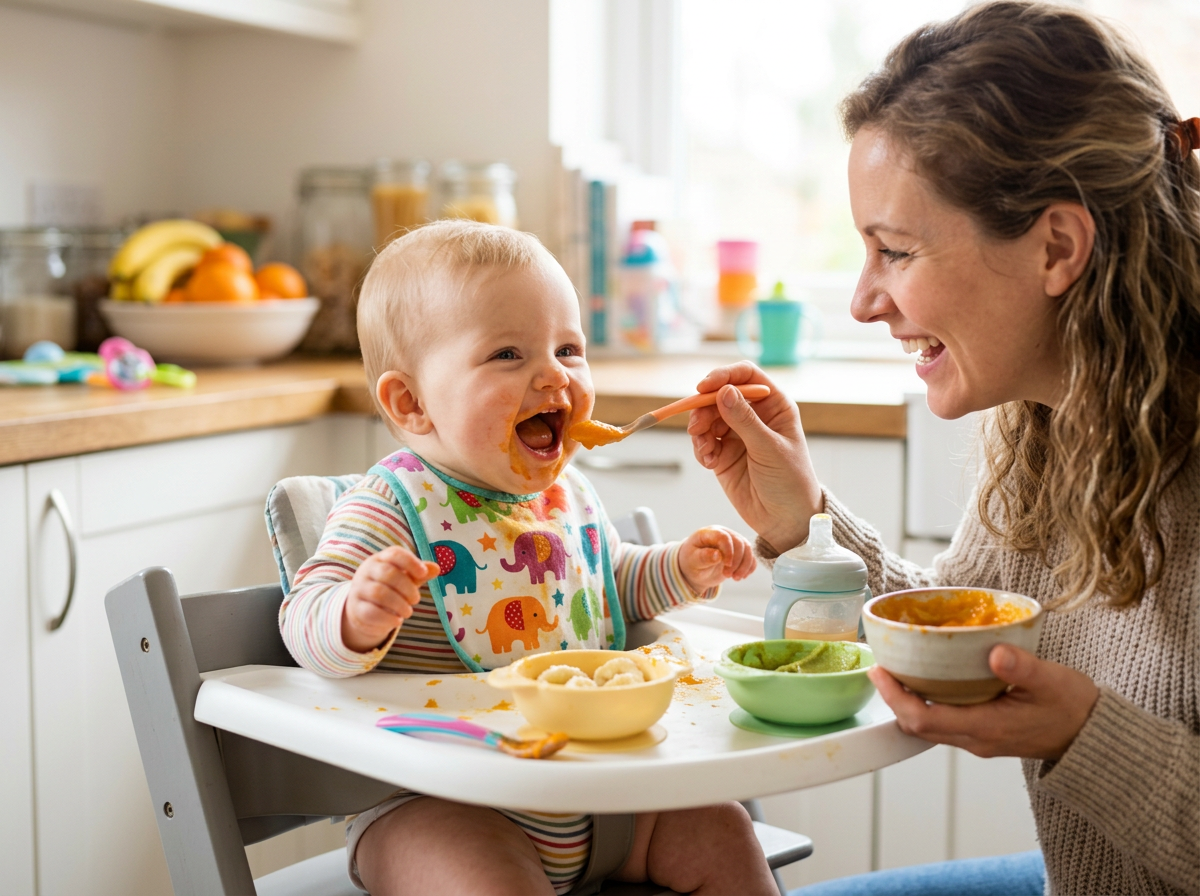 Caucasian baby 7-8 months happily eating from spoon