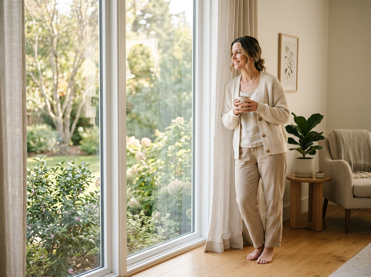 tired mom enjoying quiet morning coffee busy mother taking mid-week self-care break peaceful wellness routine for moms