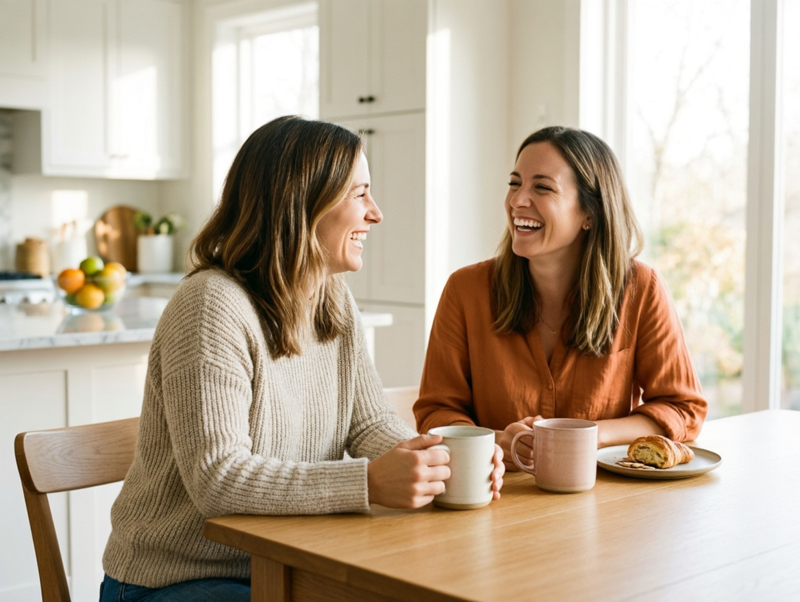 Two moms talking, coffee, smiling