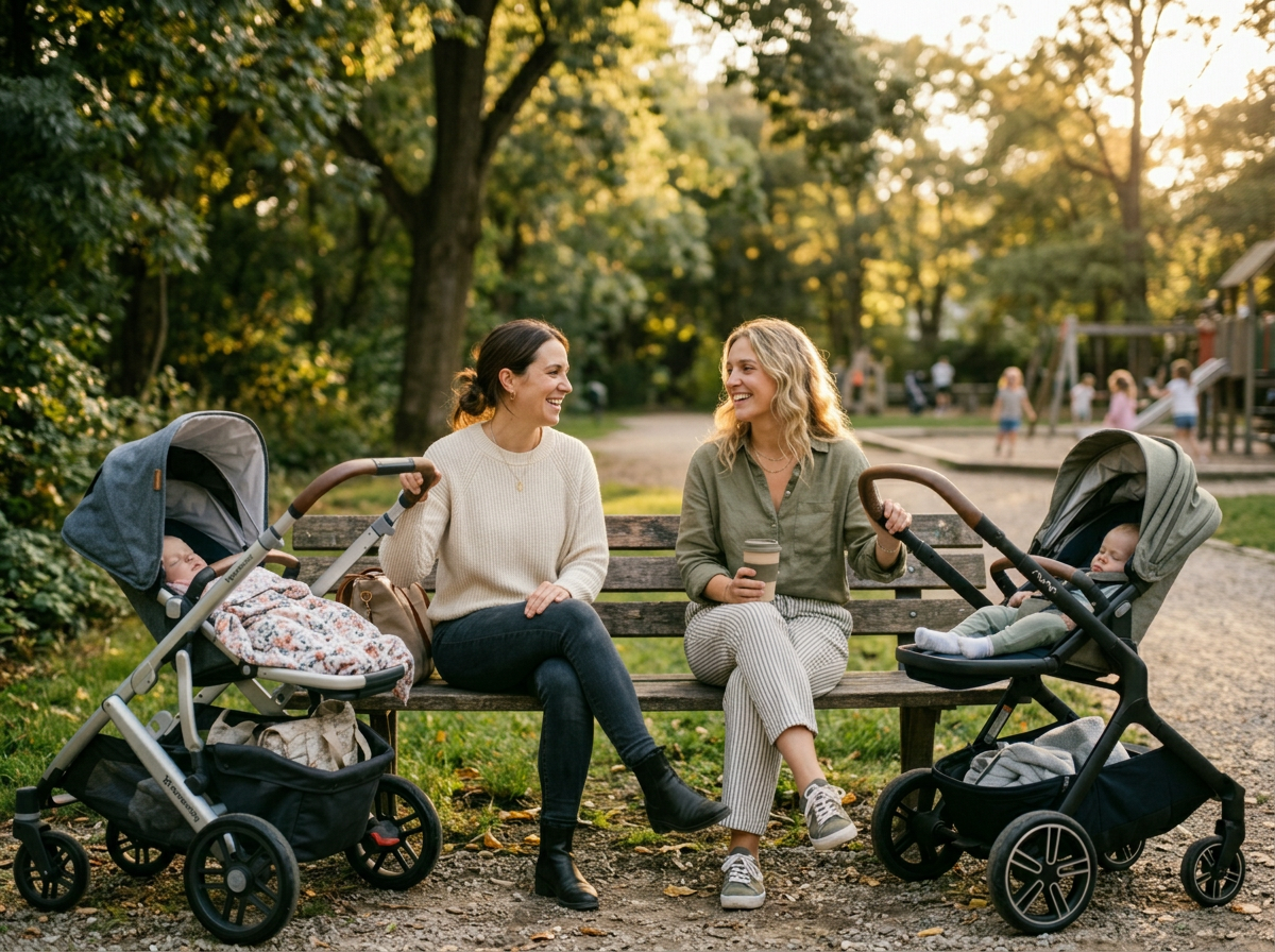 Two new mothers talking and bonding in a park with strollers, representing mom friendship and support network for postpartum women.