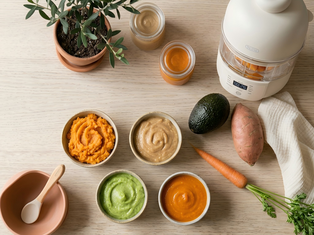 Baby first foods preparation with mashed vegetables, feeding spoon, and baby food maker on kitchen table for starting solids guide.