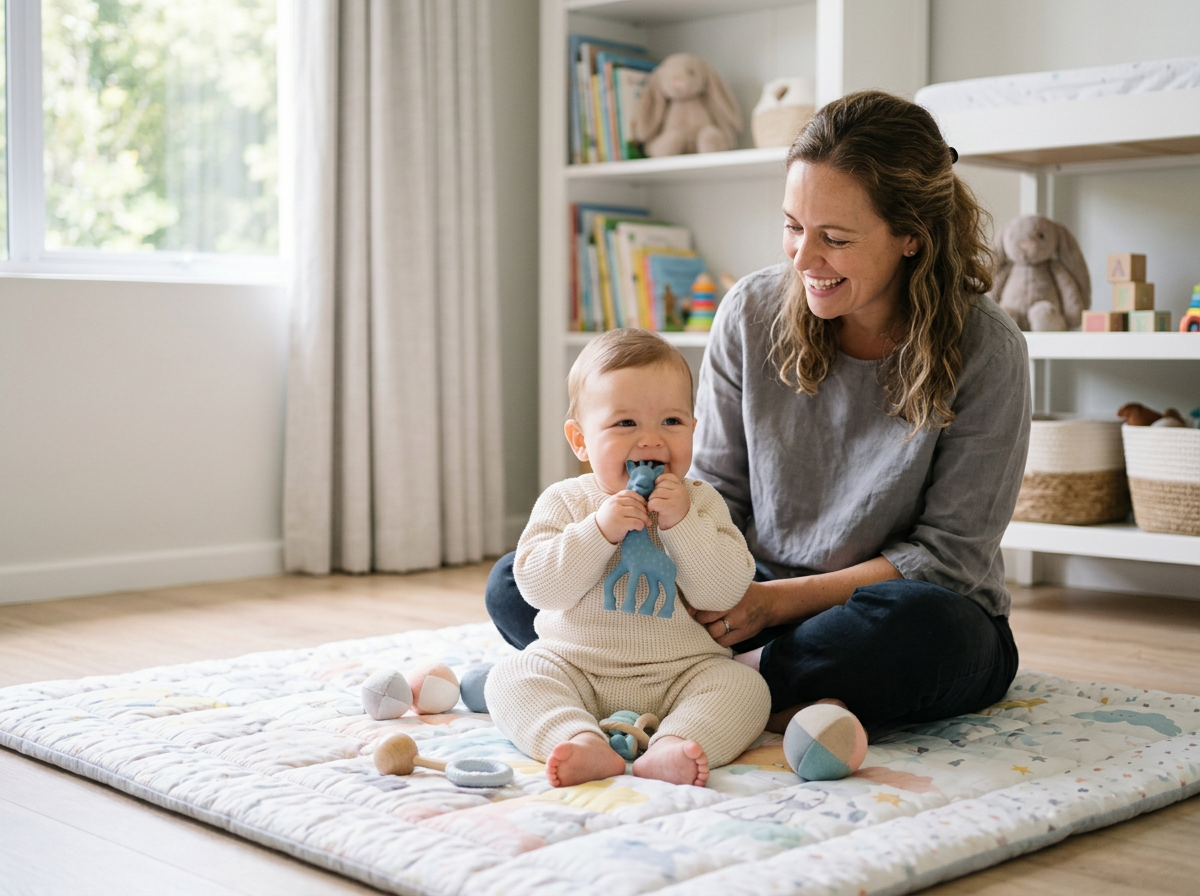 Baby chewing on a silicone teething toy while sitting with mother in a bright nursery