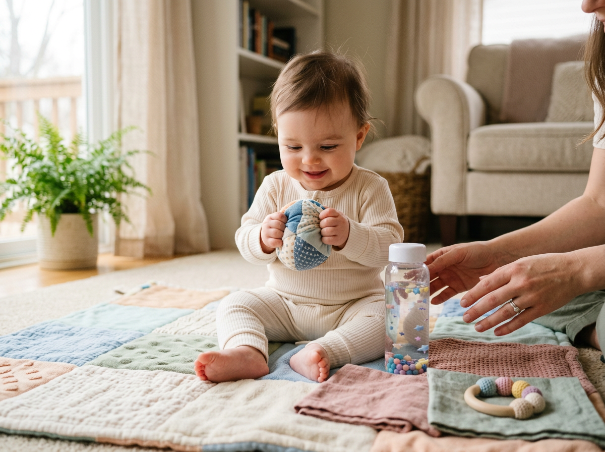 Baby exploring sensory play activities with textures and toys, supporting early brain development and motor skills