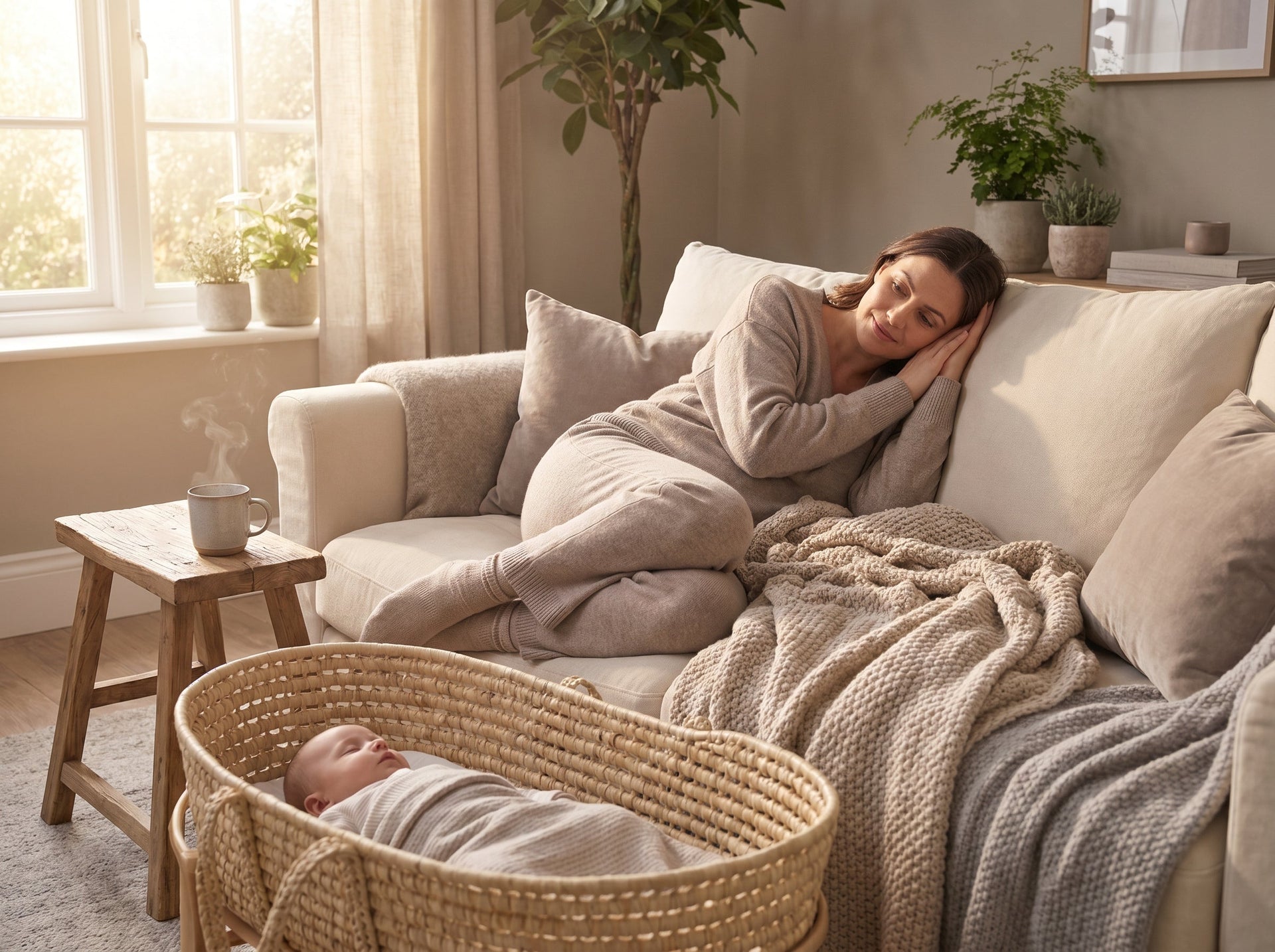 Exhausted new mother resting during postpartum recovery while caring for her baby