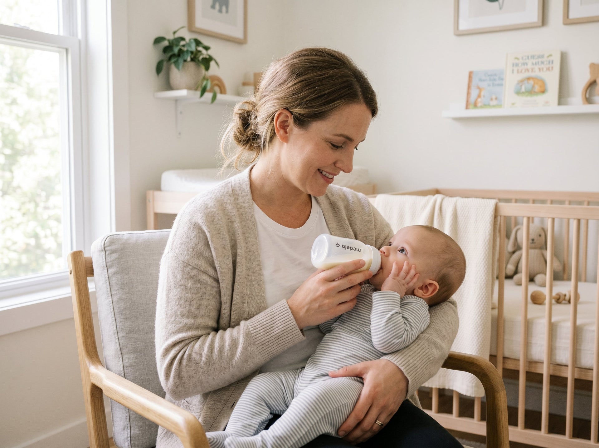 Mother introducing a bottle to her breastfed baby during combination feeding