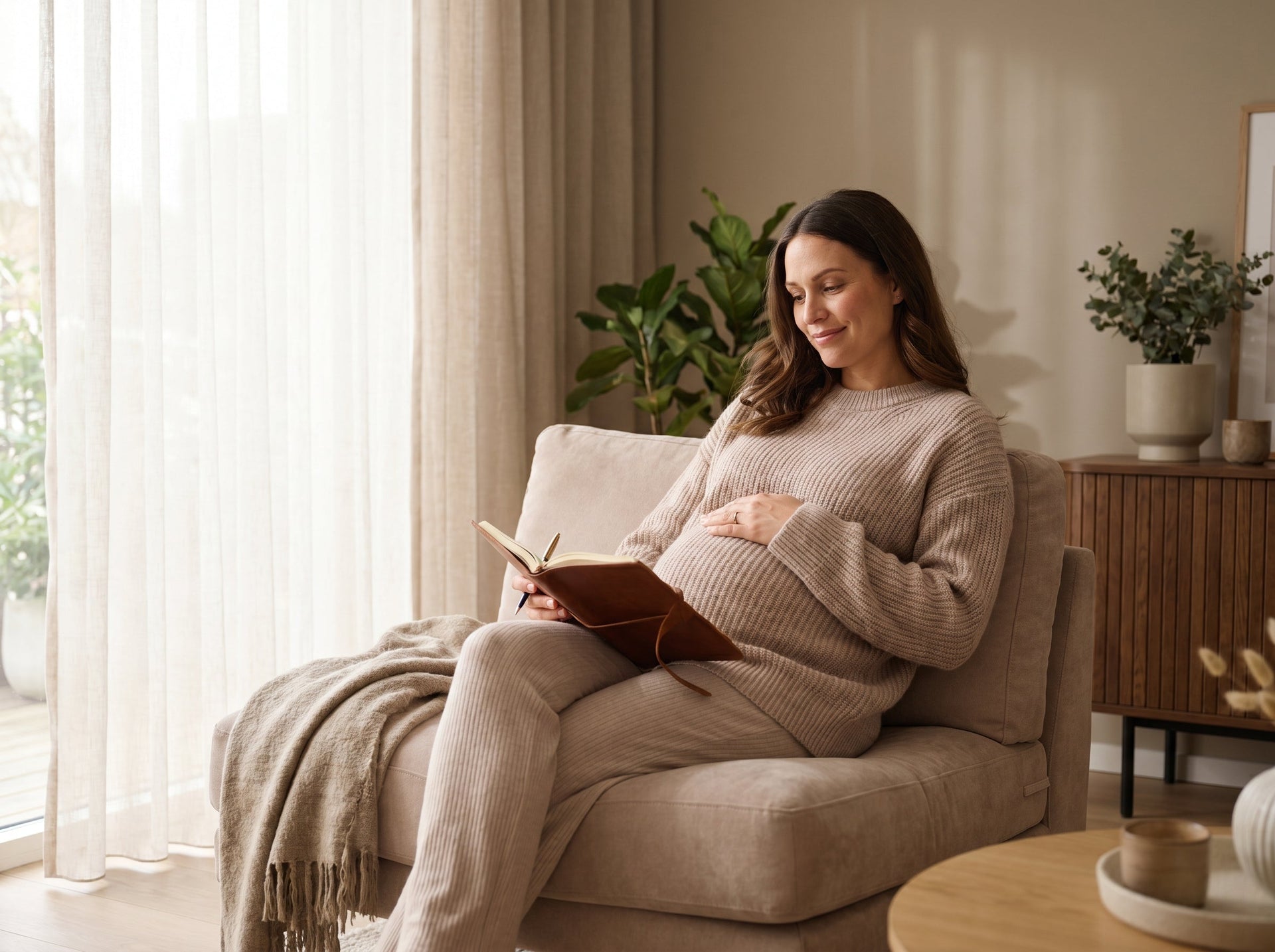 Expectant parents discussing plans and preparing for their first baby