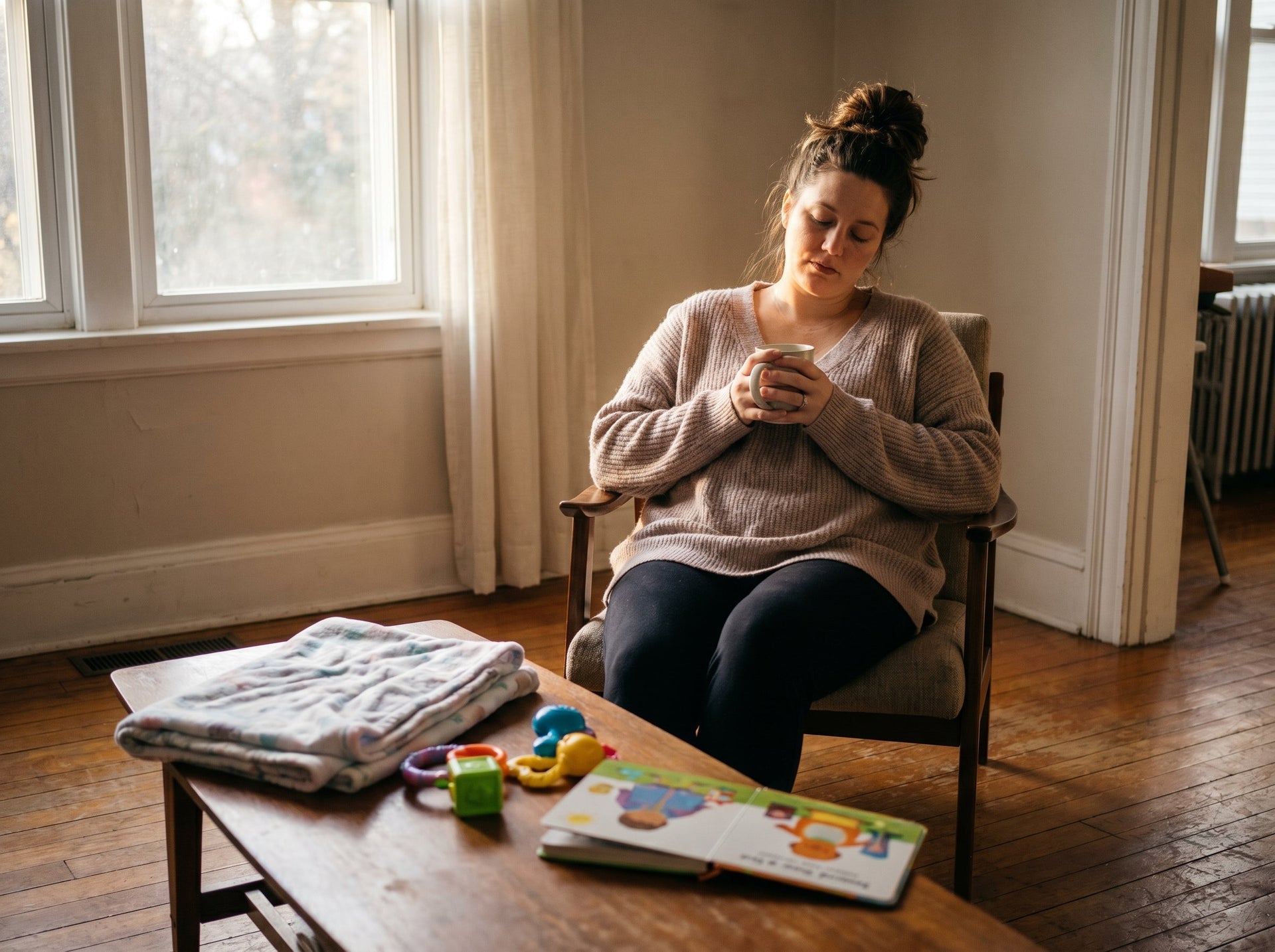 Tired mother sitting quietly at home reflecting on motherhood burnout