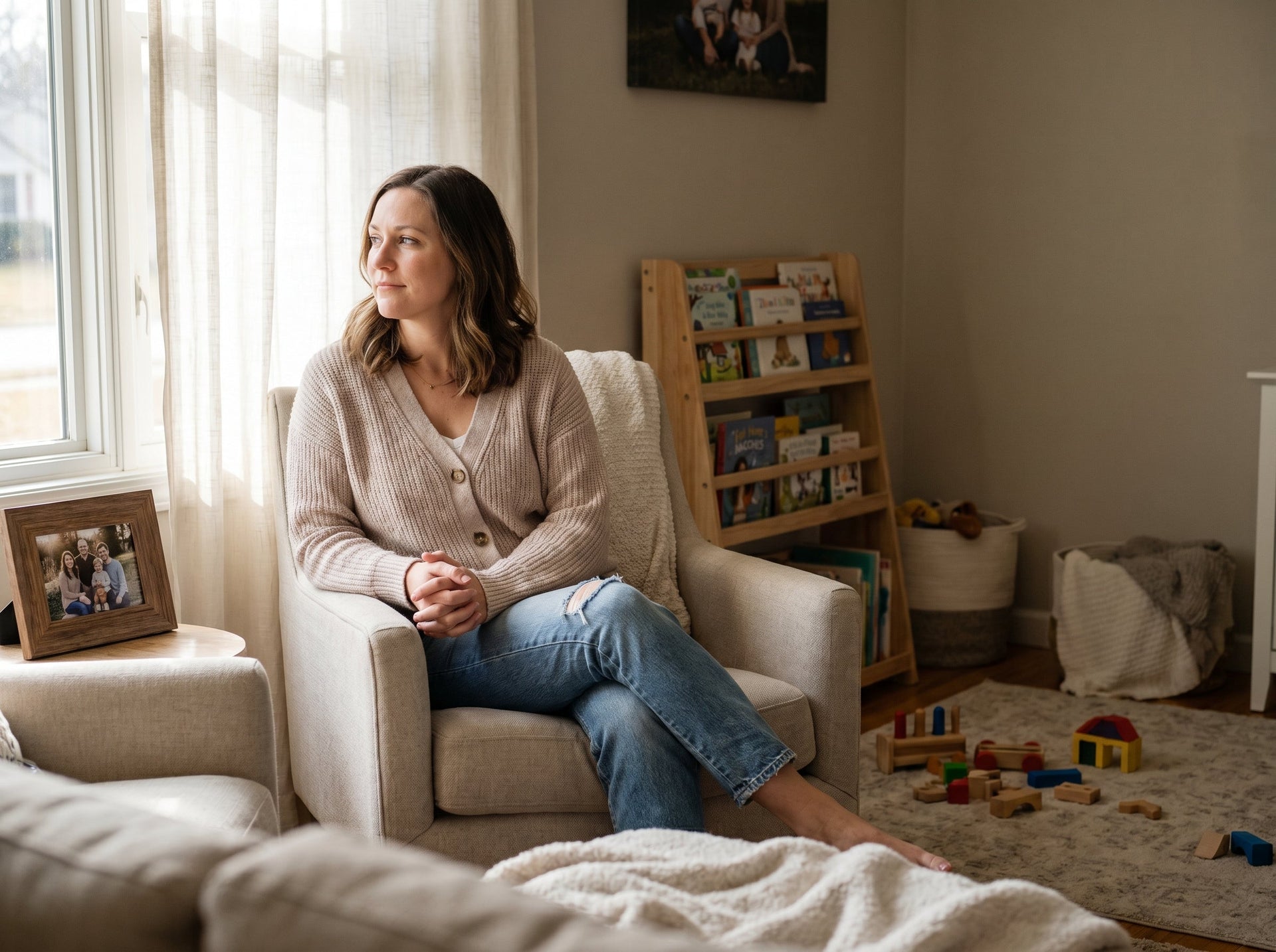 Confident mother calmly setting healthy boundaries at home, representing emotional balance and guilt-free parenting