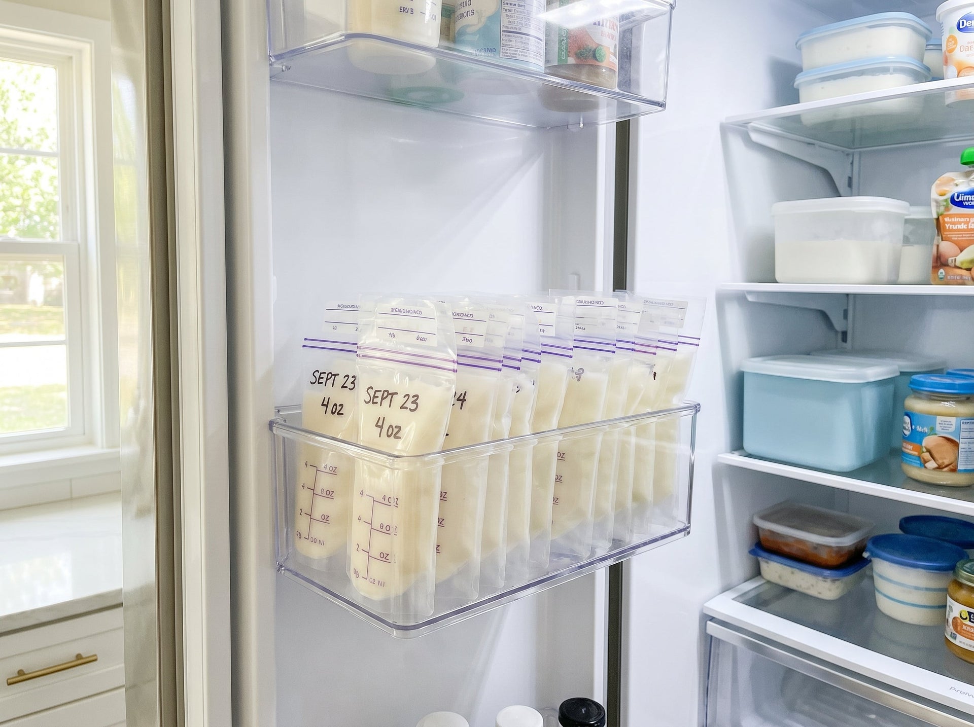 Mother labeling breast milk storage bags after pumping milk