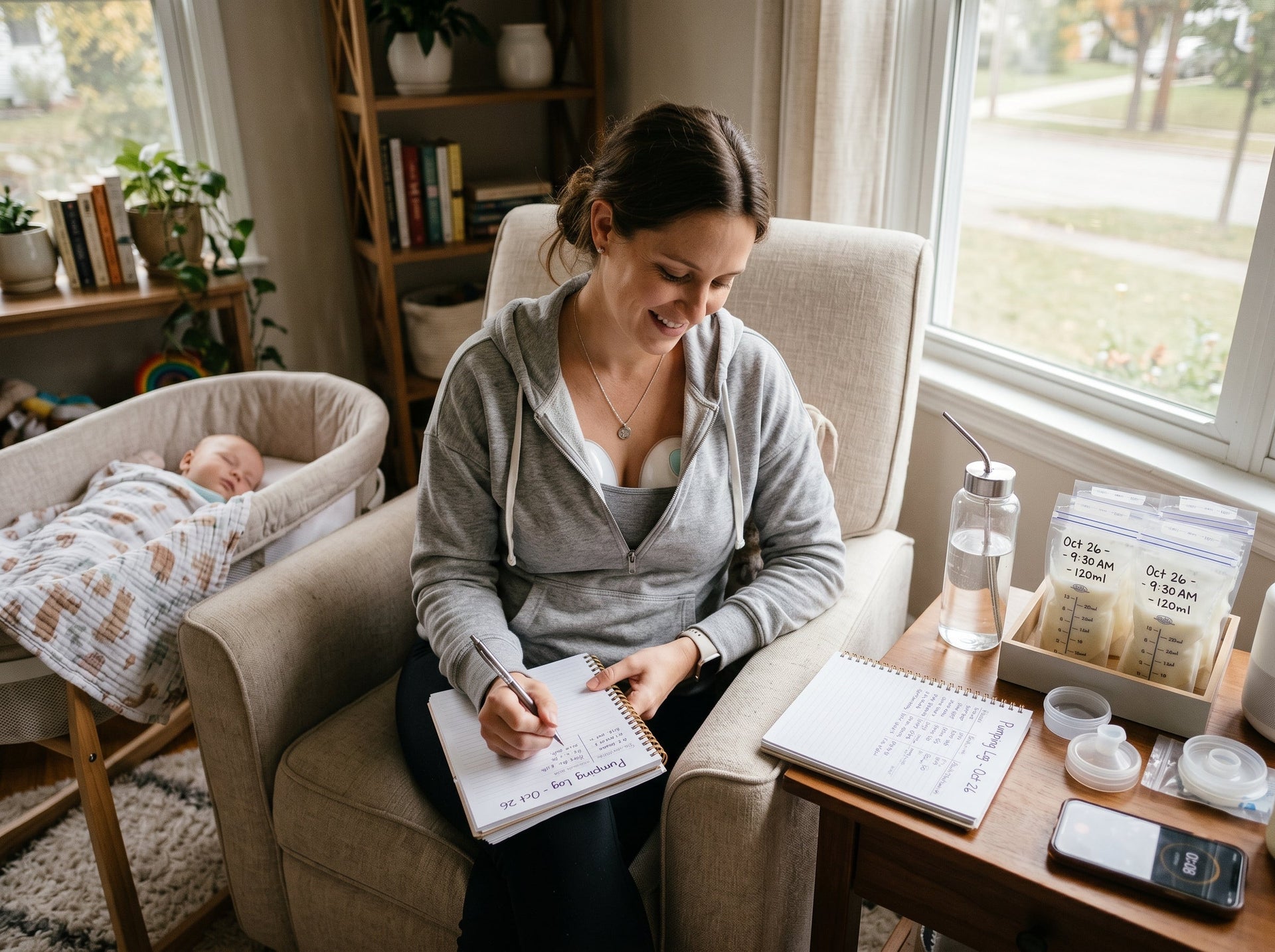 Mother using a wearable breast pump during a power pumping session to support milk production