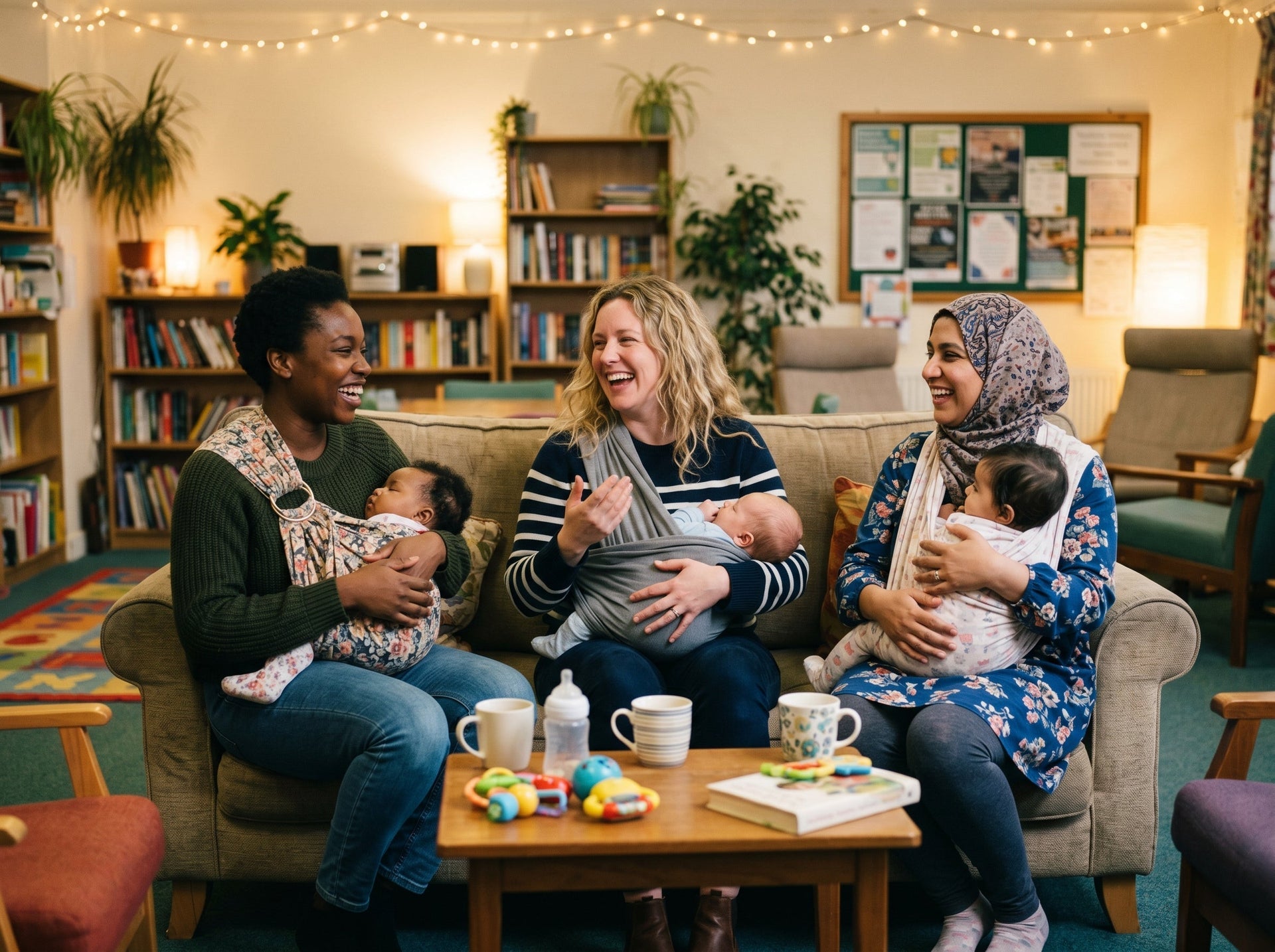 Group of diverse new mothers laughing and sharing postpartum experiences together, building their mom friends support network and village.