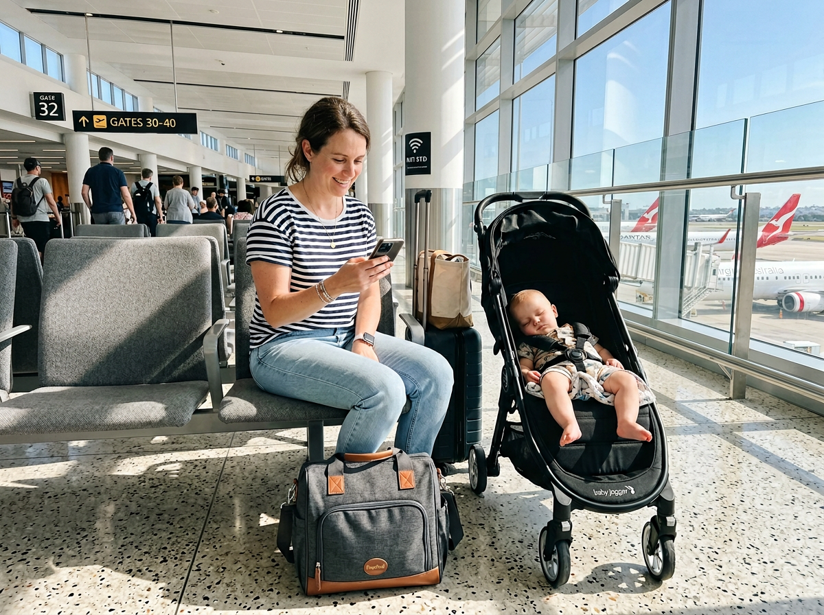 Happy mother traveling with her baby in an airport terminal, managing her feeding and nap schedules efficiently using Dr.isla portable travel gear.