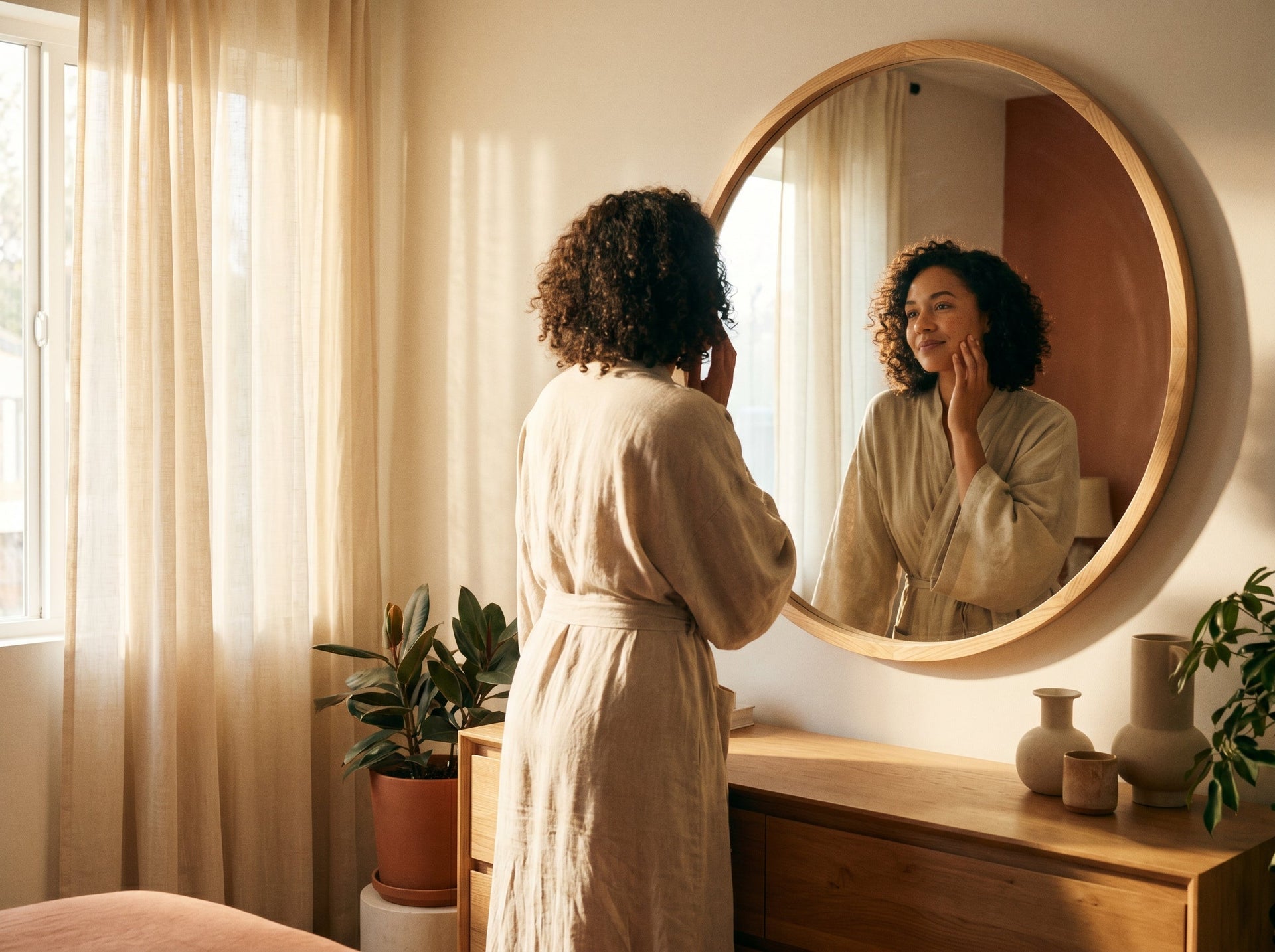 A calm postpartum mother practicing body neutrality and self-compassion in front of a bedroom mirror, accepting her physical transformation after baby.