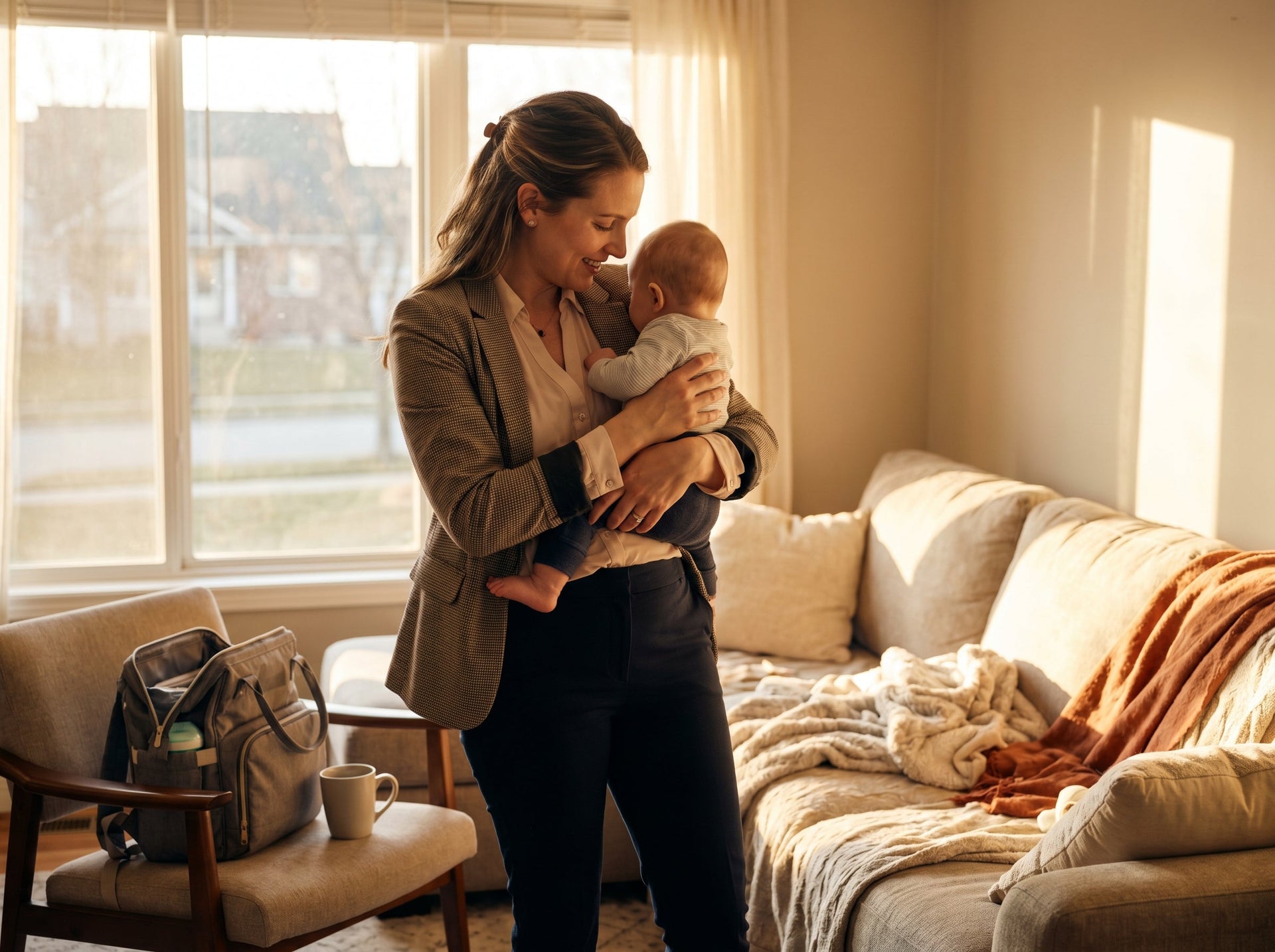 A tender postpartum mother balancing her career identity and motherhood bonds during her morning return-to-work transition.