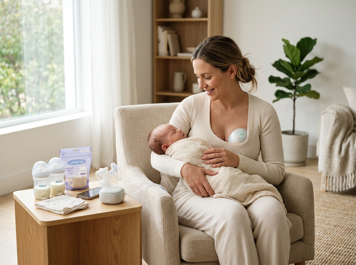 New mother breastfeeding her baby with breast pump, baby bottles, and milk storage accessories on table in a cozy home environment.
