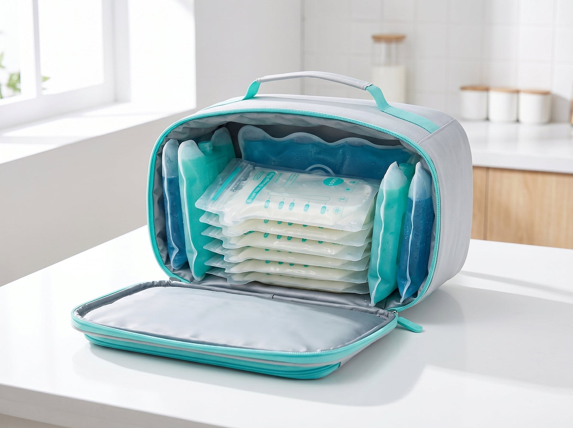 Packing a secure travel cooler bag with ice packs and pre-sterilized milk storage bags to maintain a safe cold chain for 24 hours.