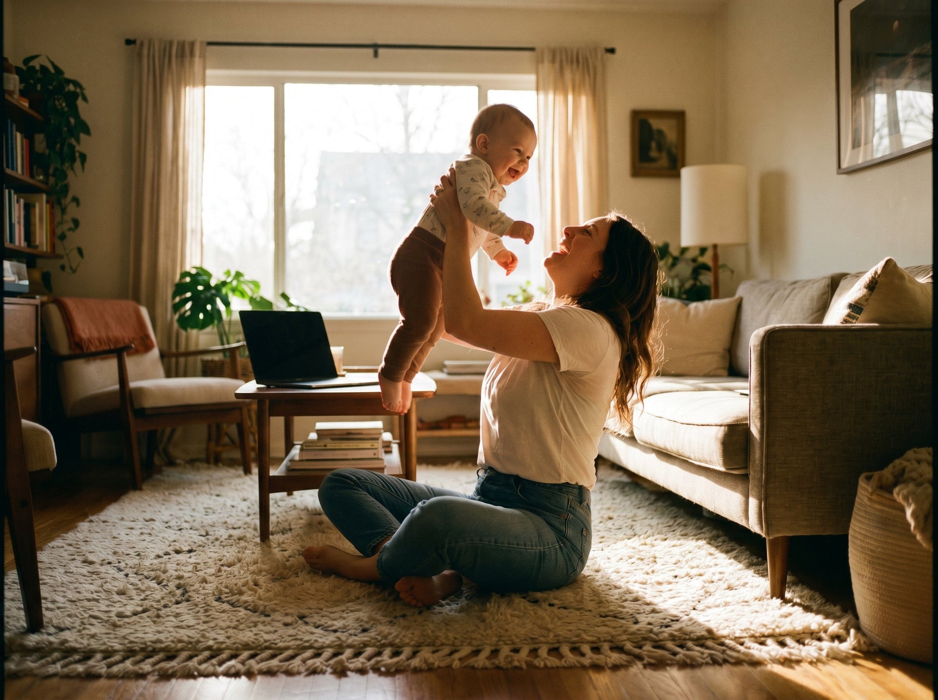 A mother relaxing and enjoying present, quality time with her baby at home during a holiday break.