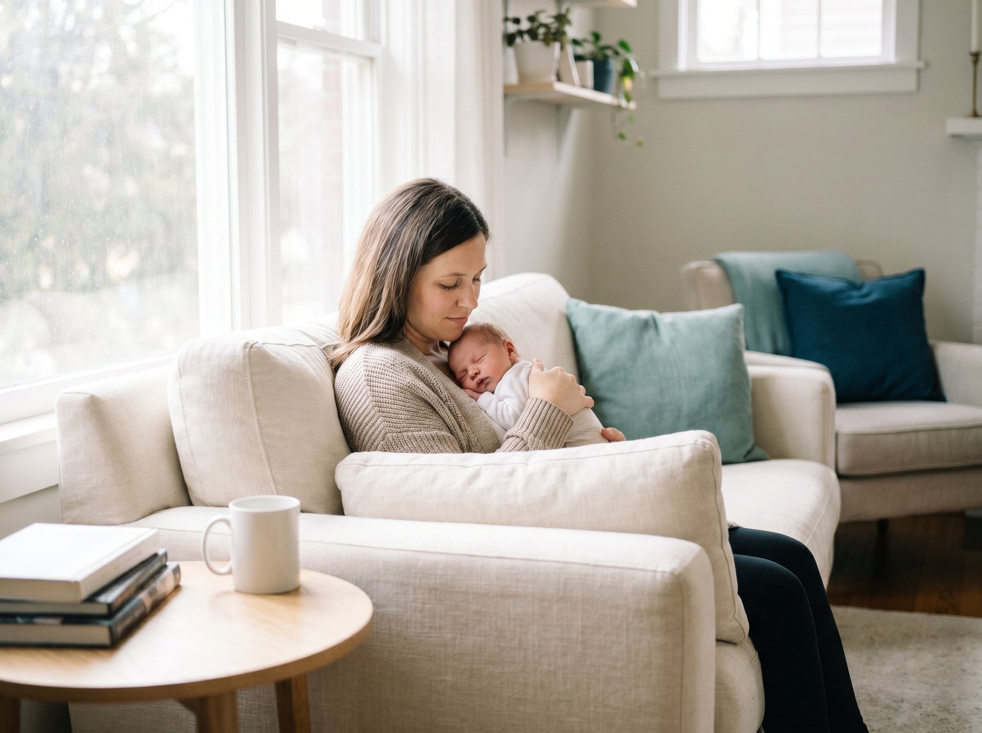 A mother practicing self-compassion and celebrating small victories with her newborn baby during the first 100 days after birth.