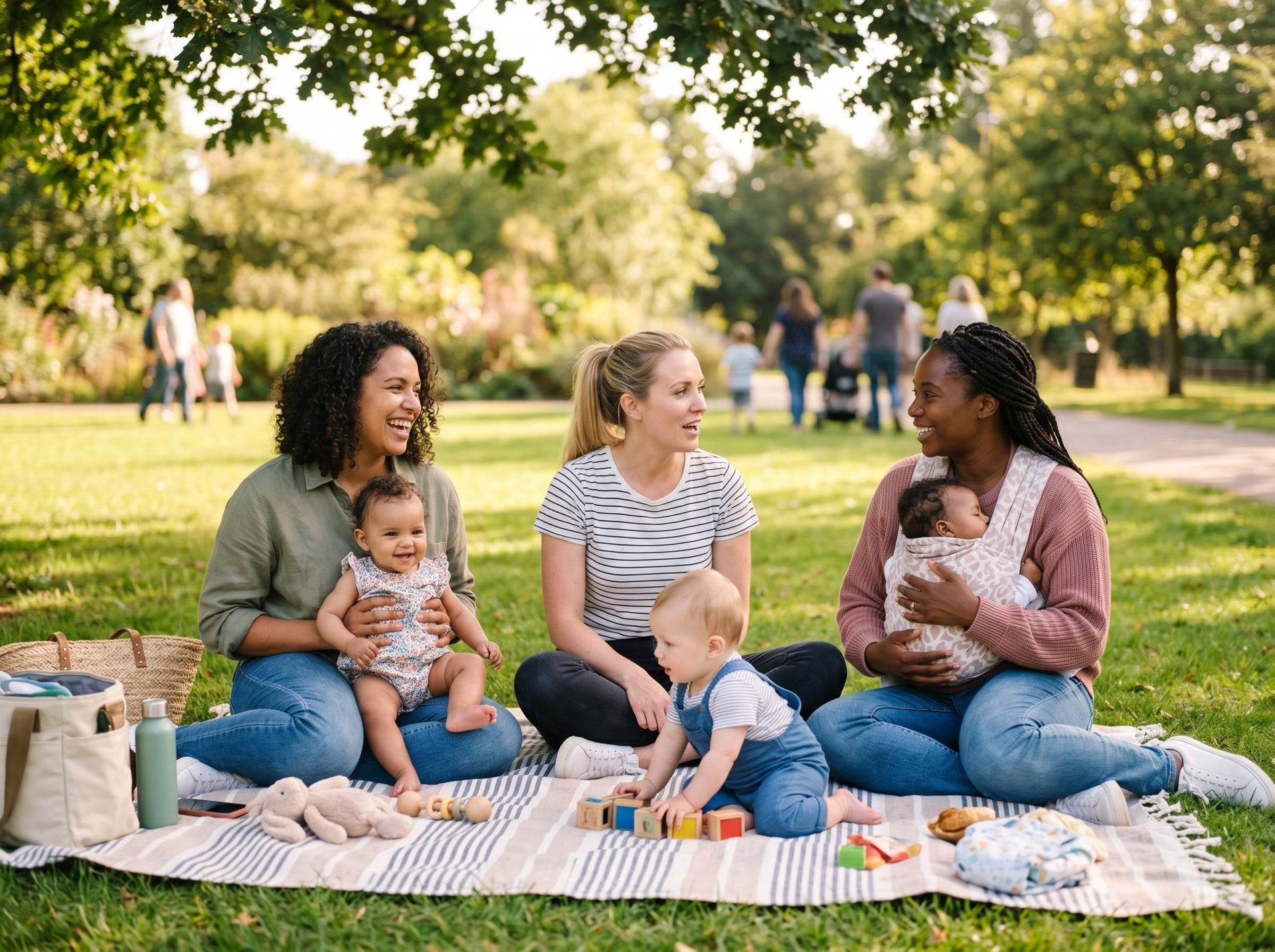 Group of mothers with babies sharing support and friendship during a postpartum meetup