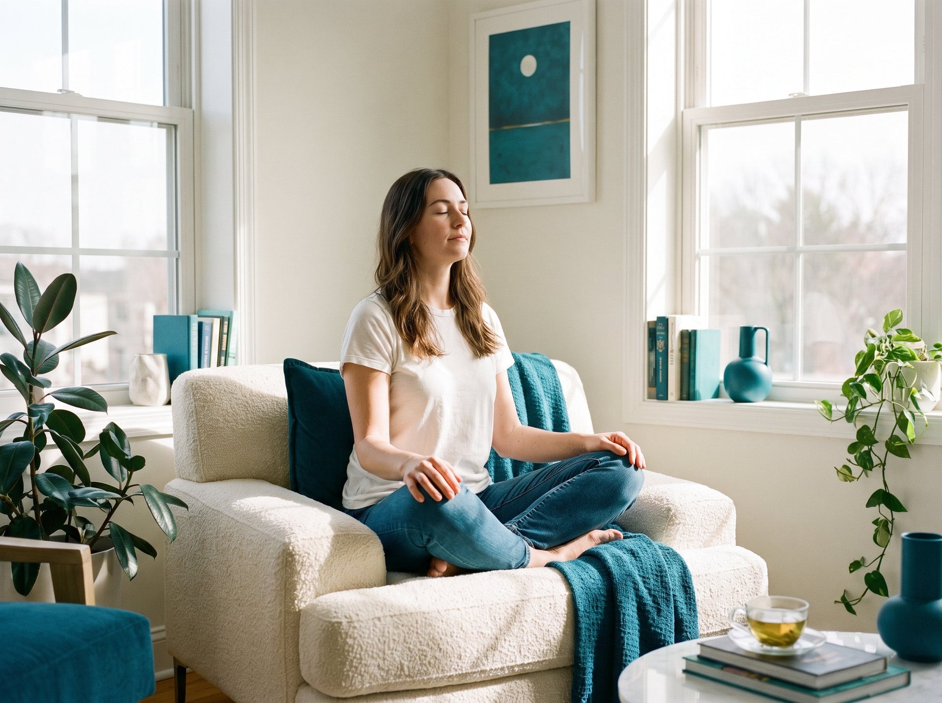 A new mother managing postpartum burnout by practicing mindful self-care and sharing early parenting tasks.