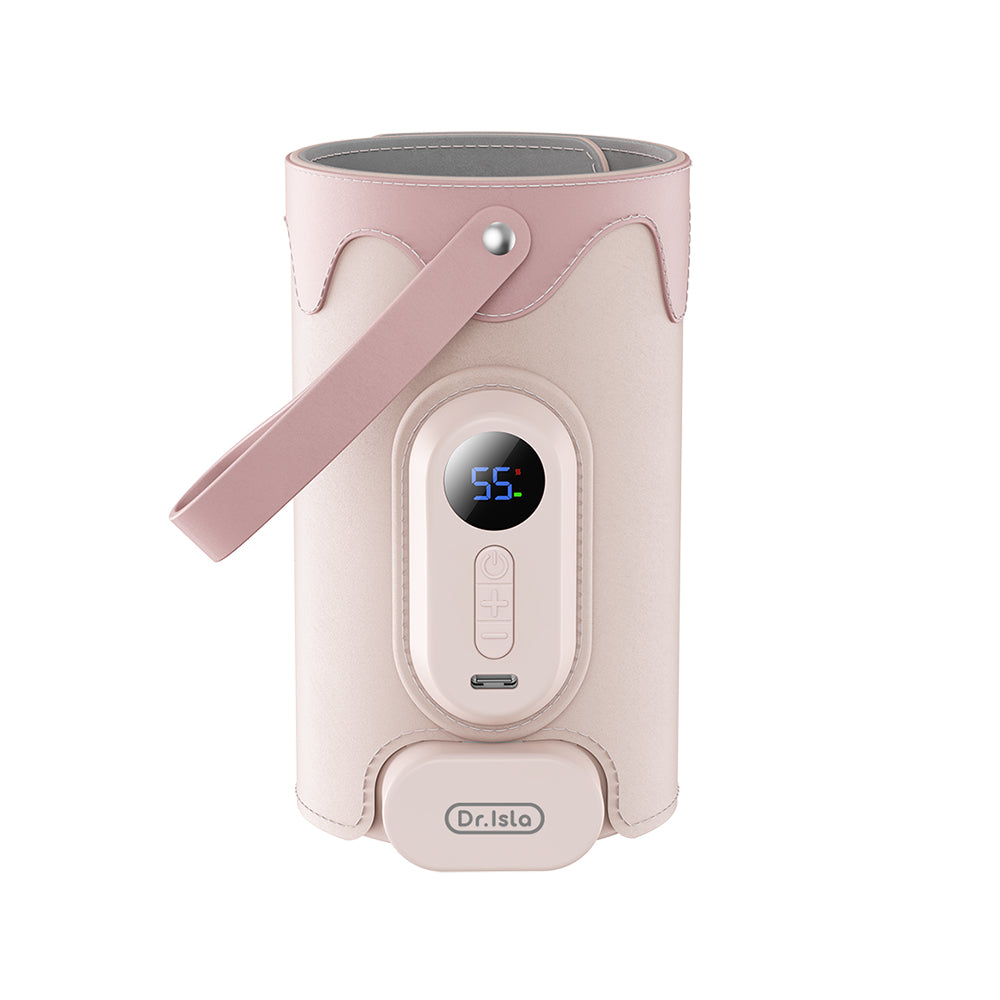 Pink and beige portable device with digital display on a white background